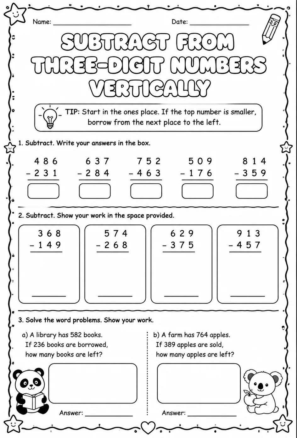 Subtract from three-digit numbers vertically — free printable Grade 2 math worksheet