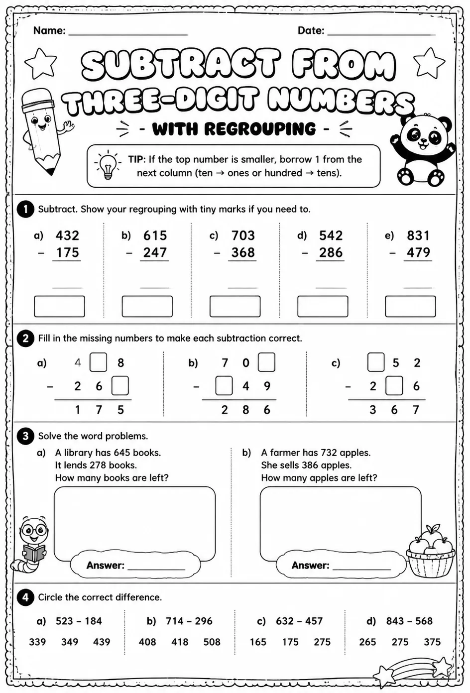 Subtract from three-digit numbers - with regrouping — free printable Grade 2 math worksheet