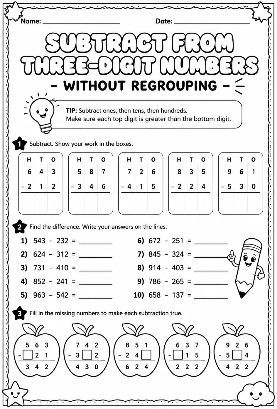 Subtract from three-digit numbers - without regrouping — free printable Grade 2 math worksheet