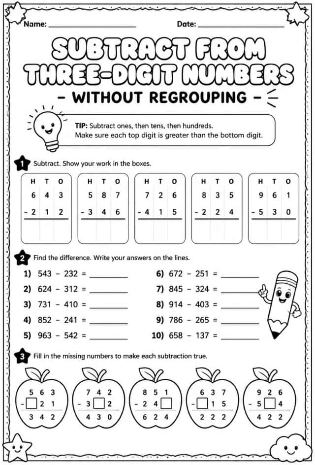 Subtract from three-digit numbers - without regrouping