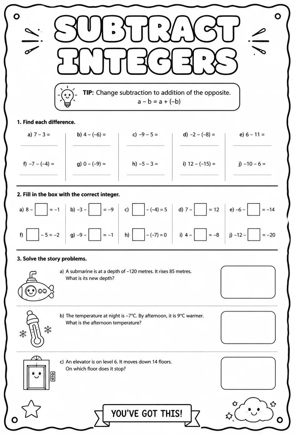 Subtract integers — free printable Grade 6 math worksheet