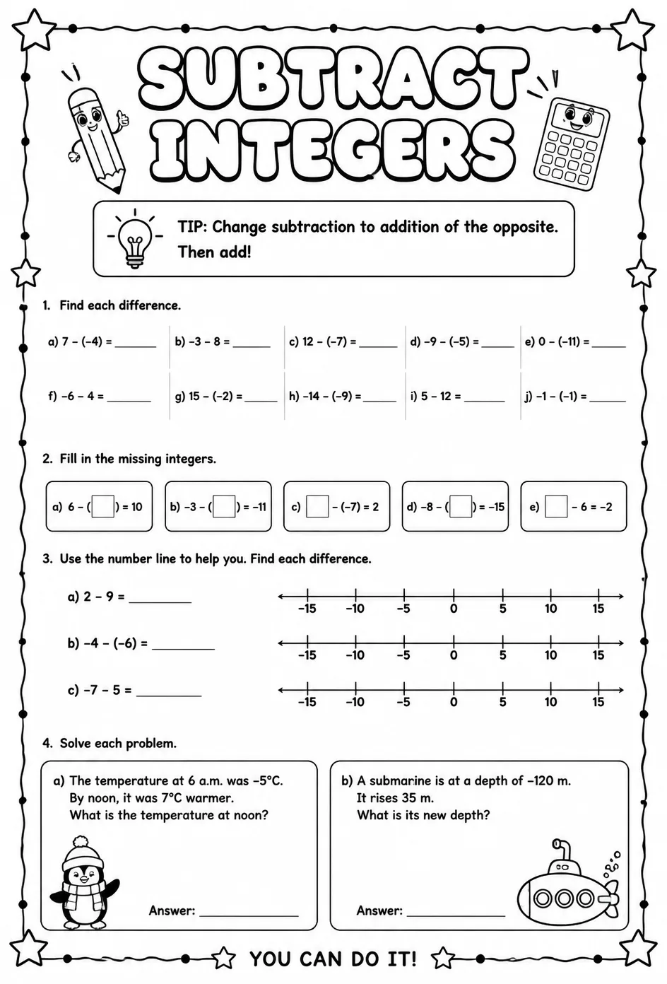 Subtract integers — free printable Grade 7 math worksheet