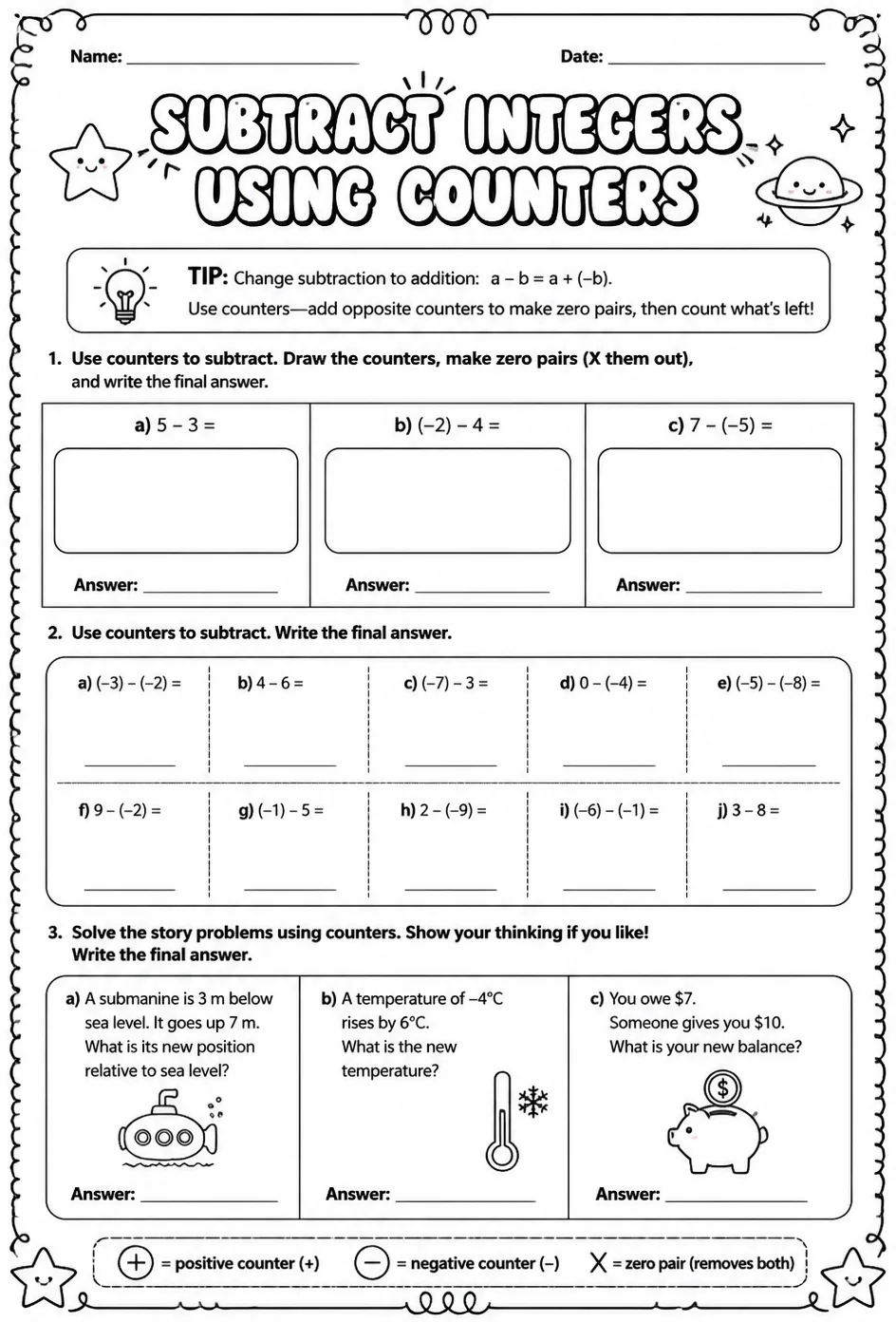 Subtract integers using counters — free printable Grade 6 math worksheet