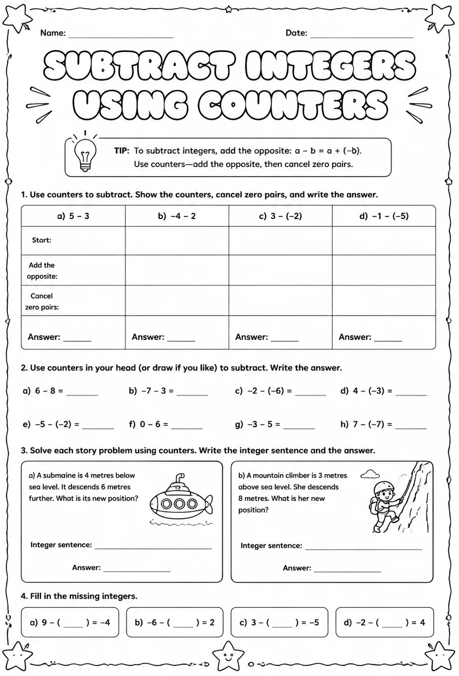 Subtract integers using counters — free printable Grade 7 math worksheet