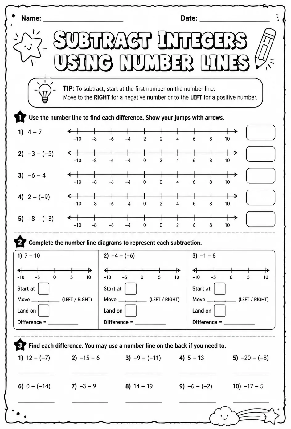 Subtract integers using number lines — free printable Grade 6 math worksheet