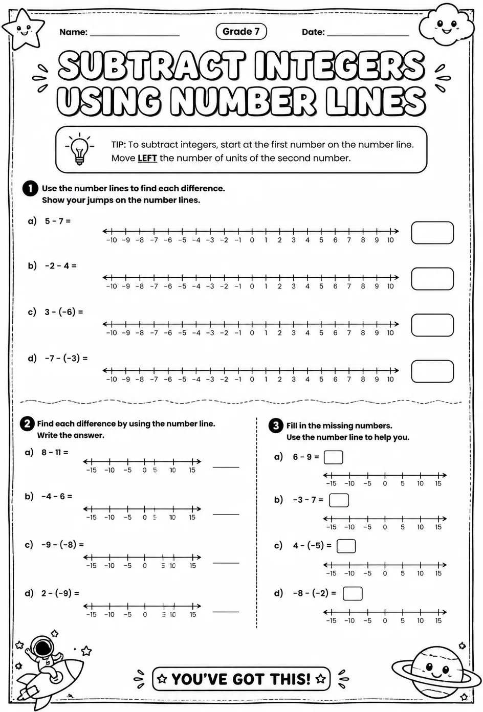 Subtract integers using number lines — free printable Grade 7 math worksheet