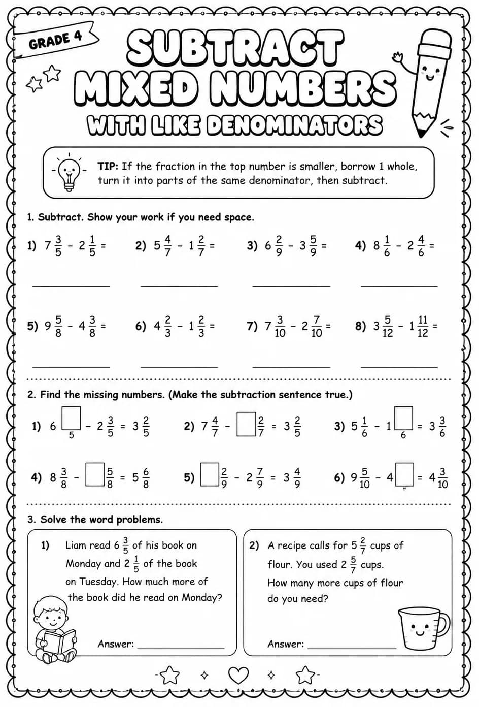 Subtract mixed numbers with like denominators — free printable Grade 4 math worksheet