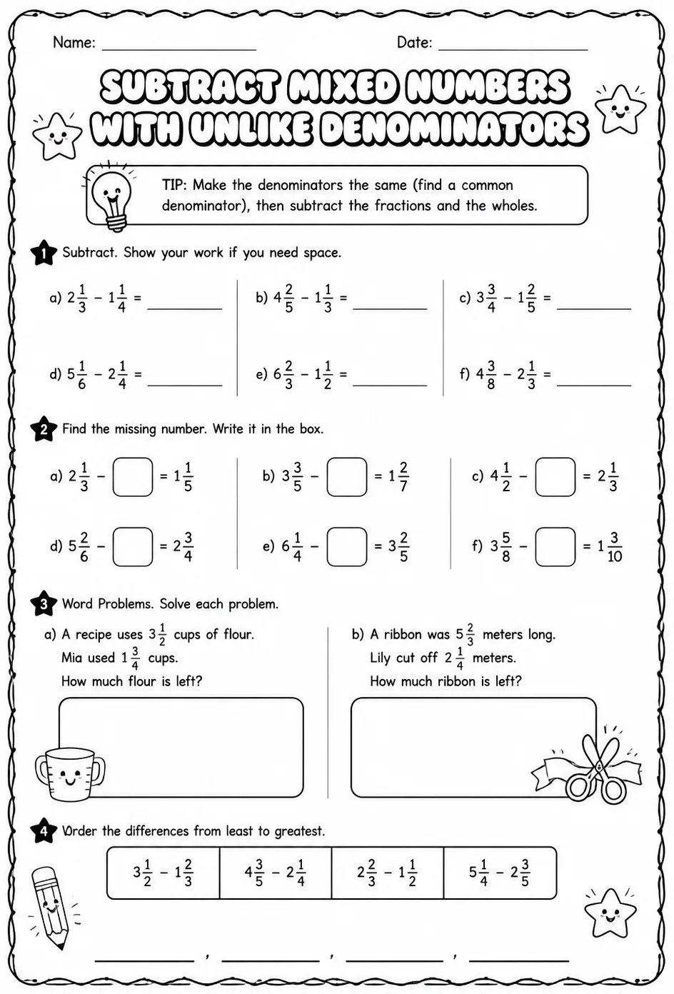 Subtract mixed numbers with unlike denominators — free printable Grade 5 math worksheet