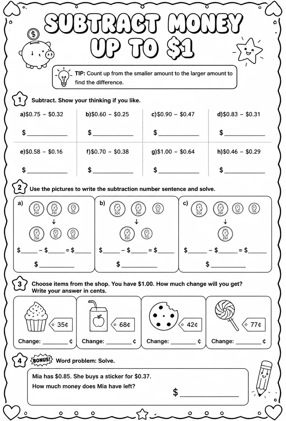 Subtract money up to $1 — free printable Grade 2 math worksheet