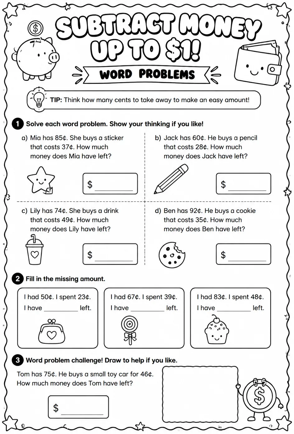 Subtract money up to $1: word problems — free printable Grade 2 math worksheet