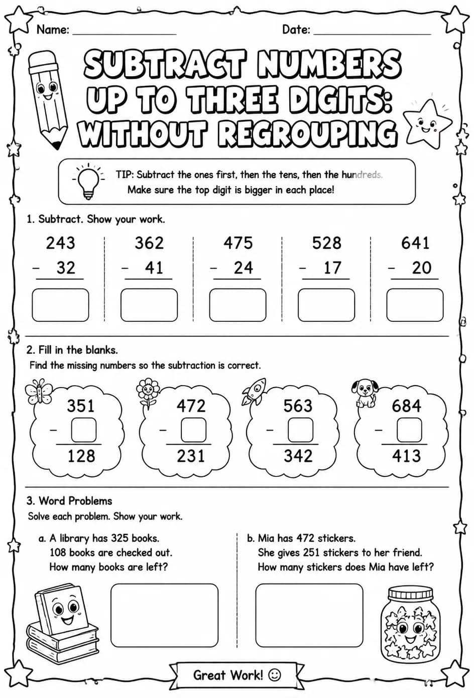 Subtract numbers up to three digits: without regrouping — free printable Grade 3 math worksheet