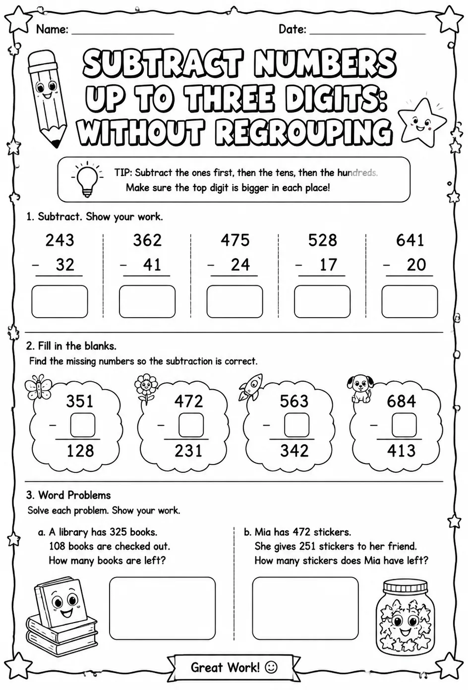 Subtract numbers up to three digits: without regrouping — free printable Grade 3 math worksheet