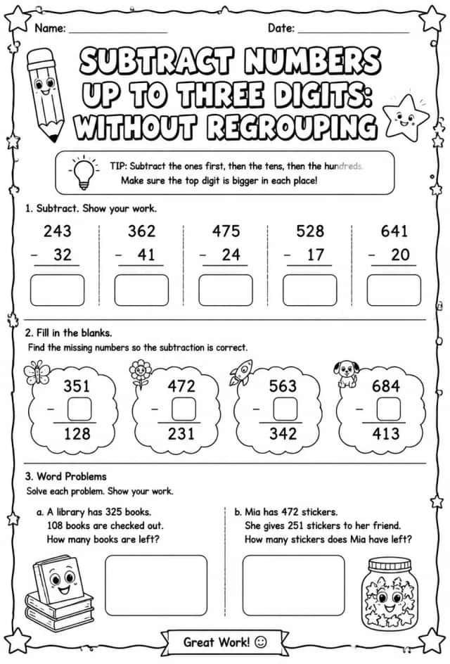 Subtract numbers up to three digits: without regrouping