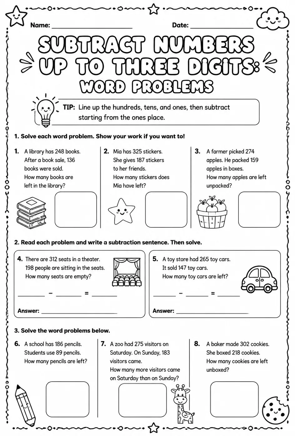 Subtract numbers up to three digits: word problems — free printable Grade 3 math worksheet
