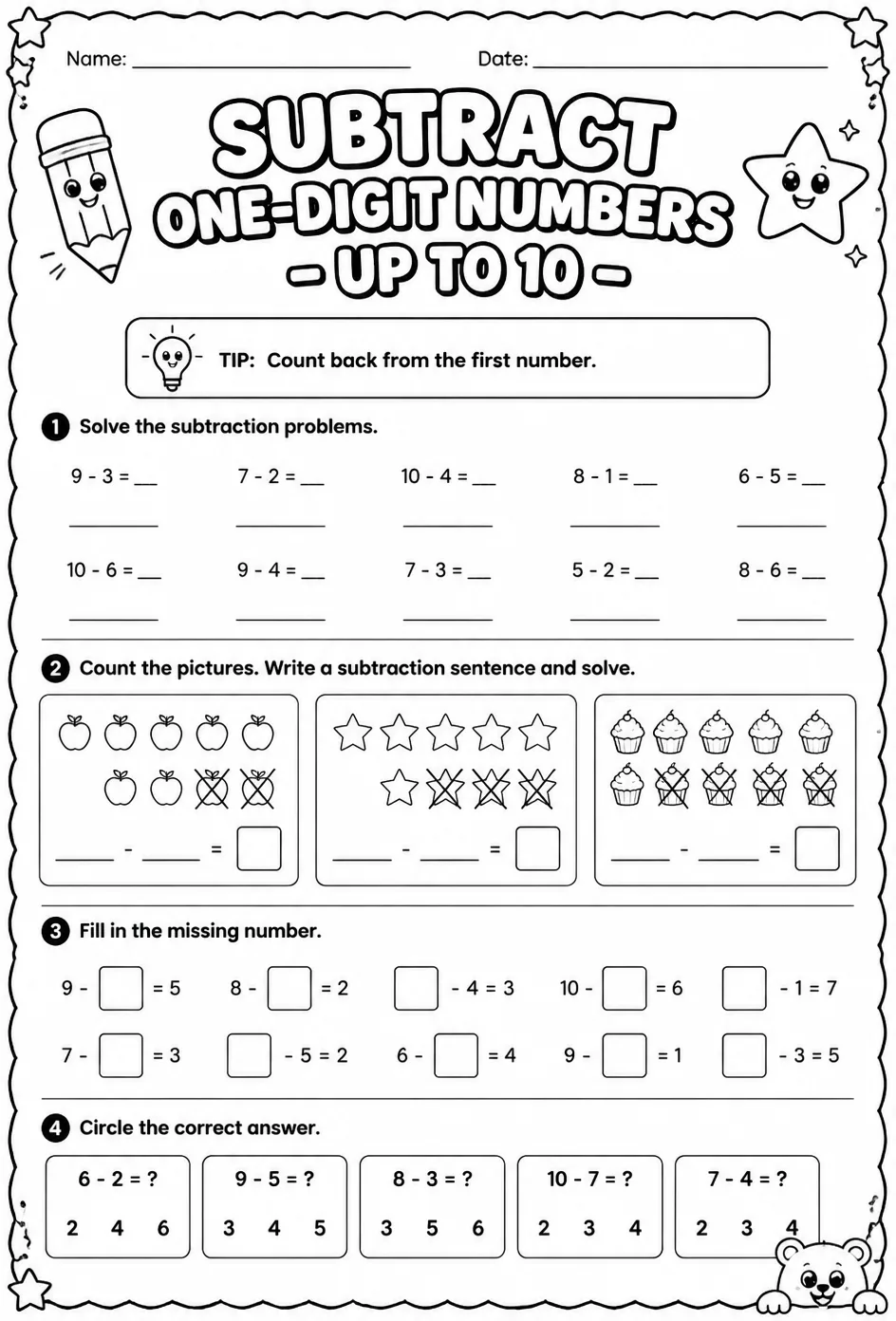 Subtract one-digit numbers - up to 10 — free printable Grade 2 math worksheet