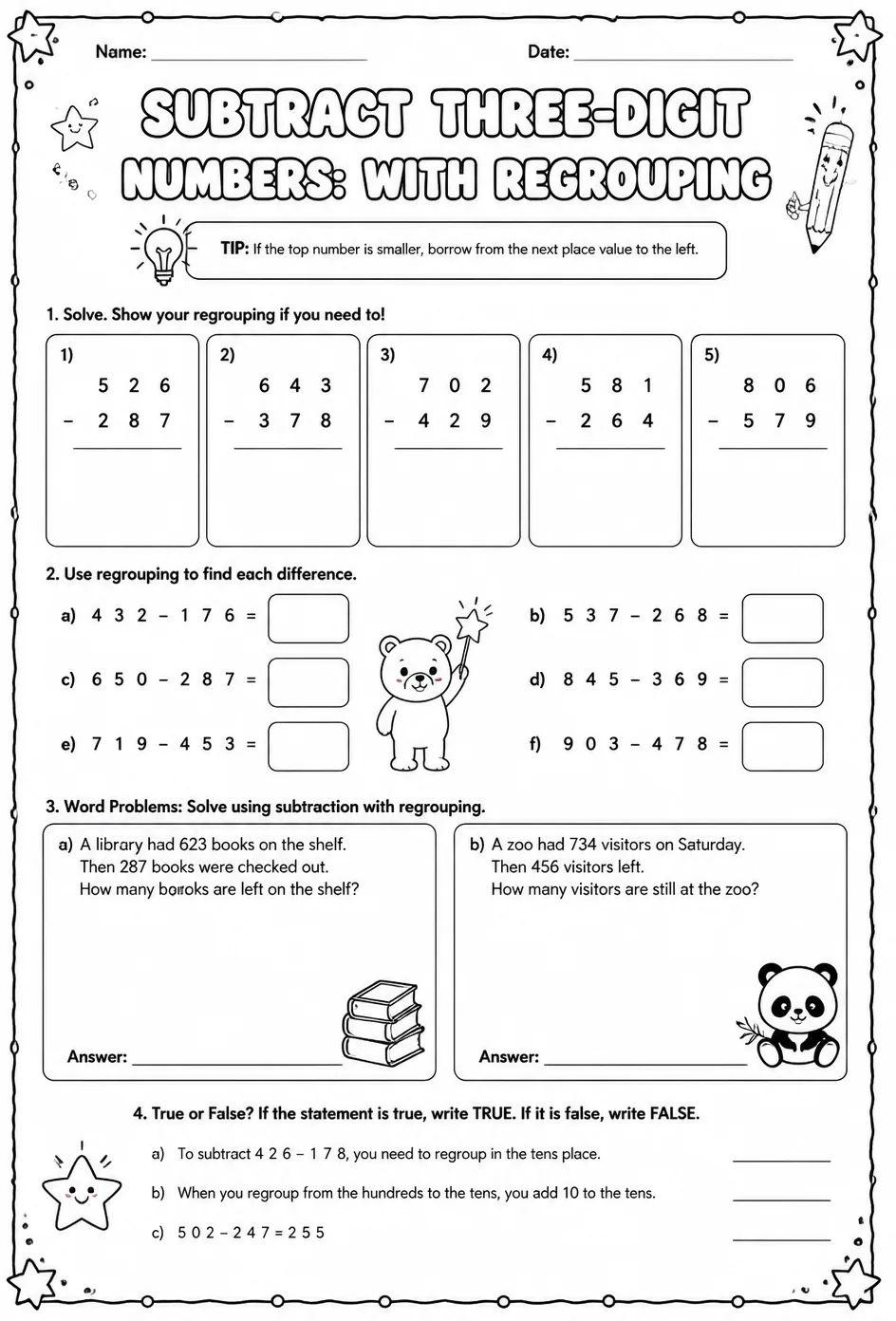 Subtract three-digit numbers: with regrouping — free printable Grade 3 math worksheet