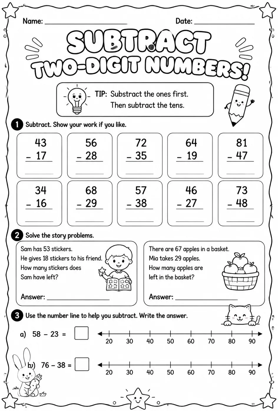 Subtract two-digit numbers — free printable Grade 2 math worksheet