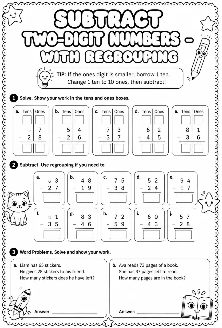 Subtract two-digit numbers - with regrouping — free printable Grade 2 math worksheet