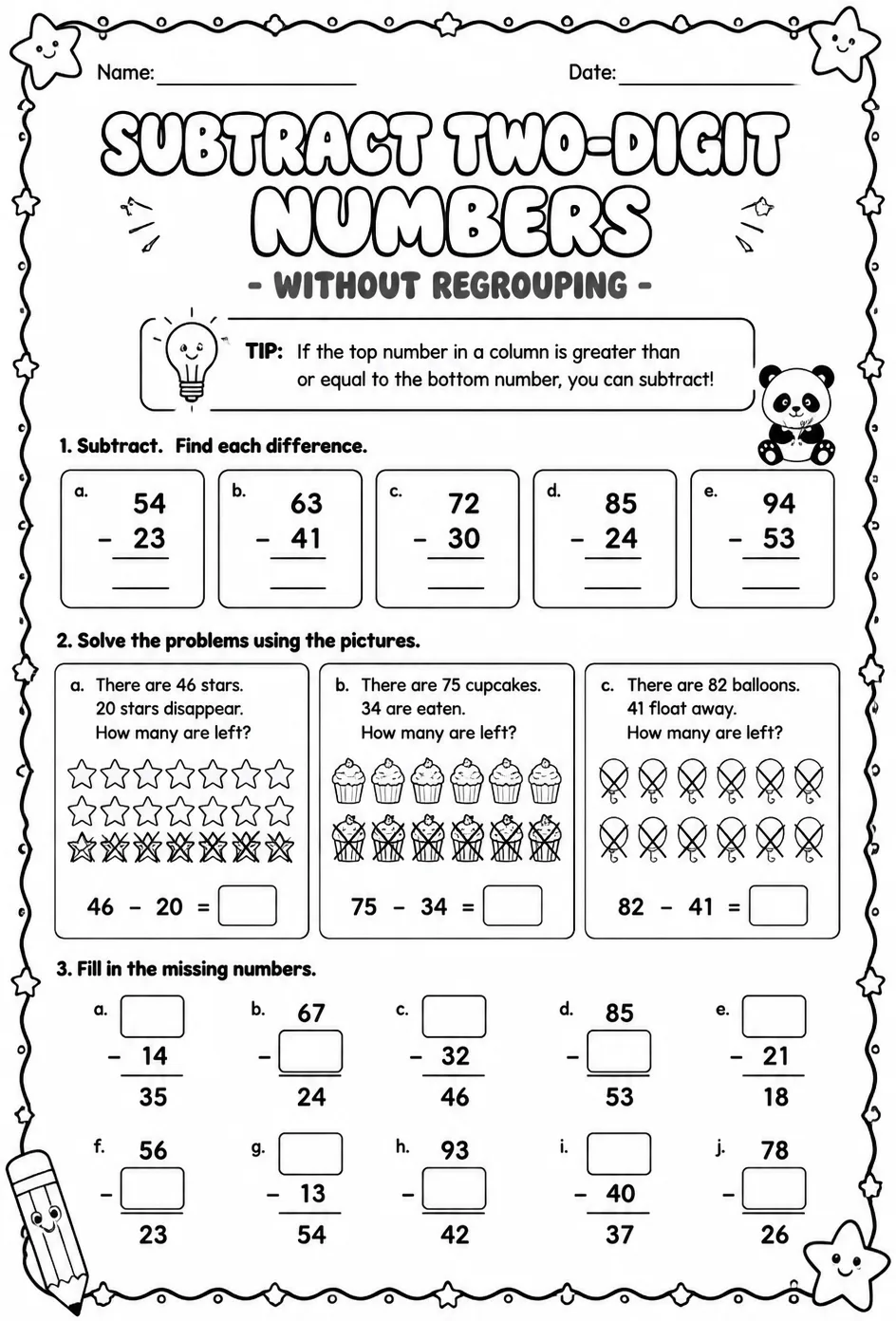 Subtract two-digit numbers - without regrouping — free printable Grade 2 math worksheet