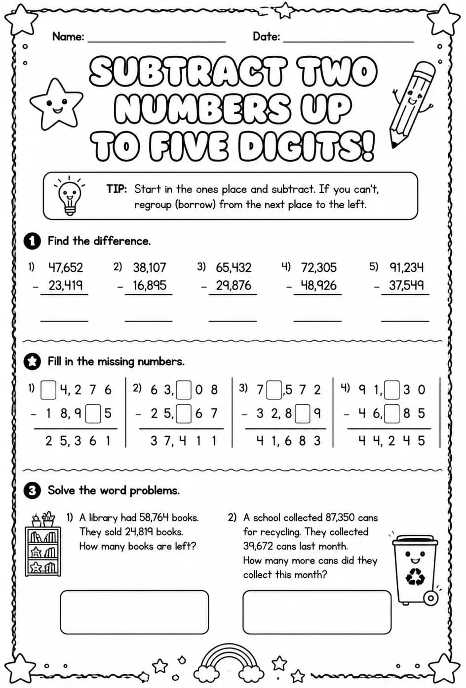 Subtract two numbers up to five digits — free printable Grade 3 math worksheet