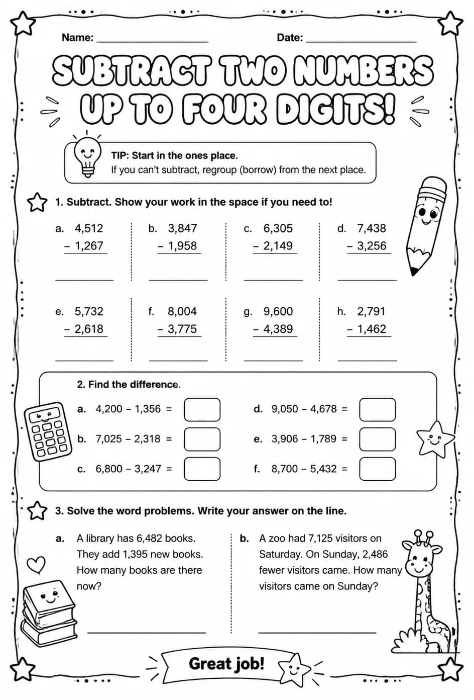 Subtract two numbers up to four digits — free printable Grade 3 math worksheet