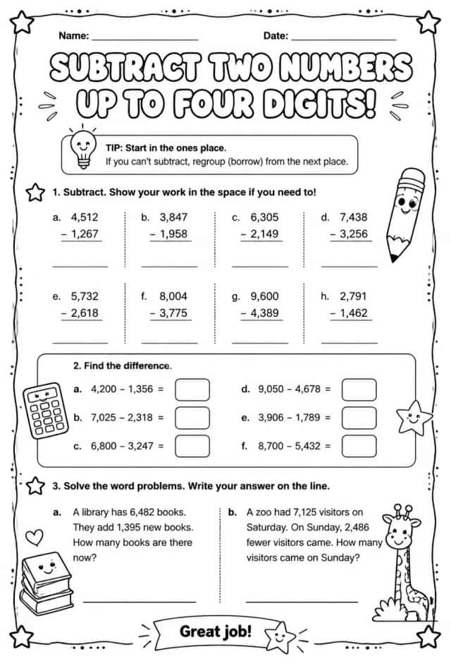 Subtract two numbers up to four digits
