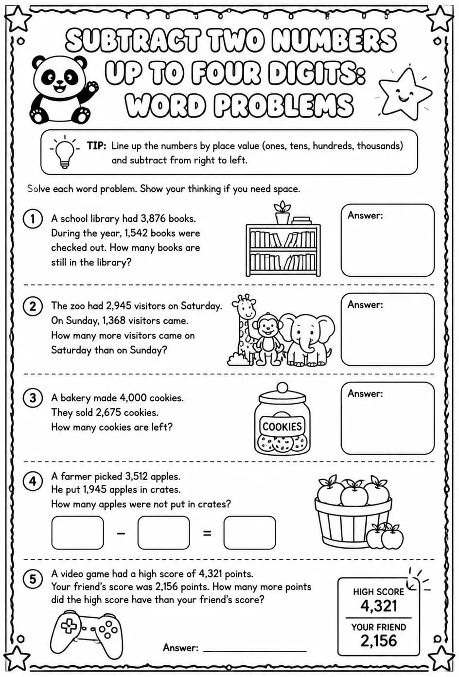 Subtract two numbers up to four digits: word problems — free printable Grade 3 math worksheet