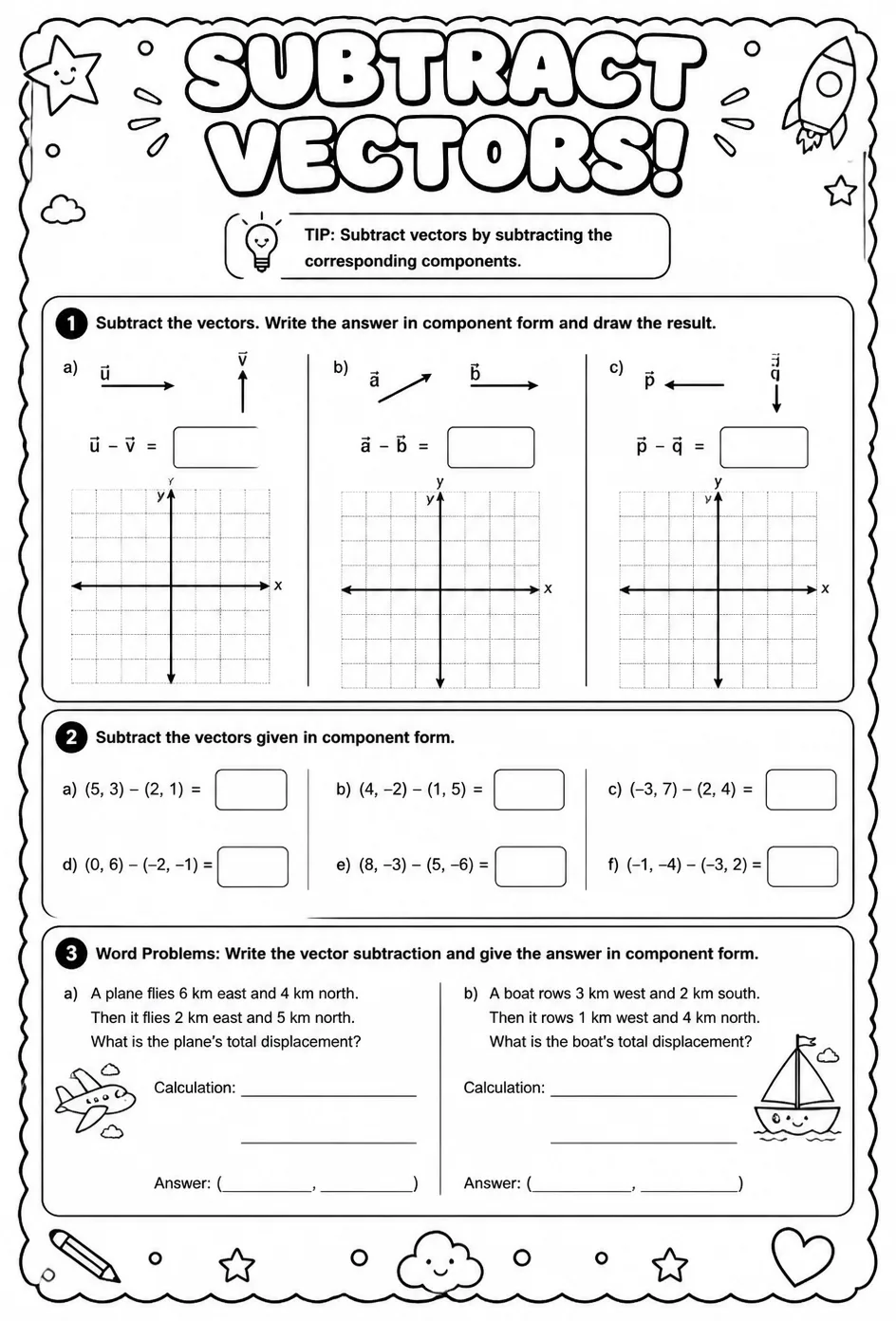 Subtract vectors — free printable Geometry math worksheet