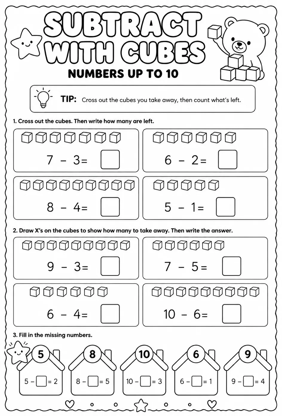 Subtract with cubes - numbers up to 10 — free printable Pre-K math worksheet