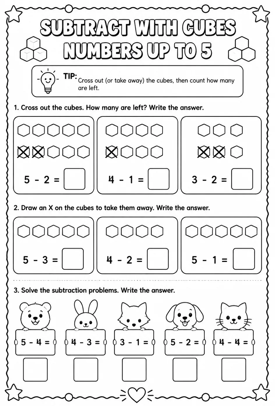 Subtract with cubes - numbers up to 5 — free printable Pre-K math worksheet