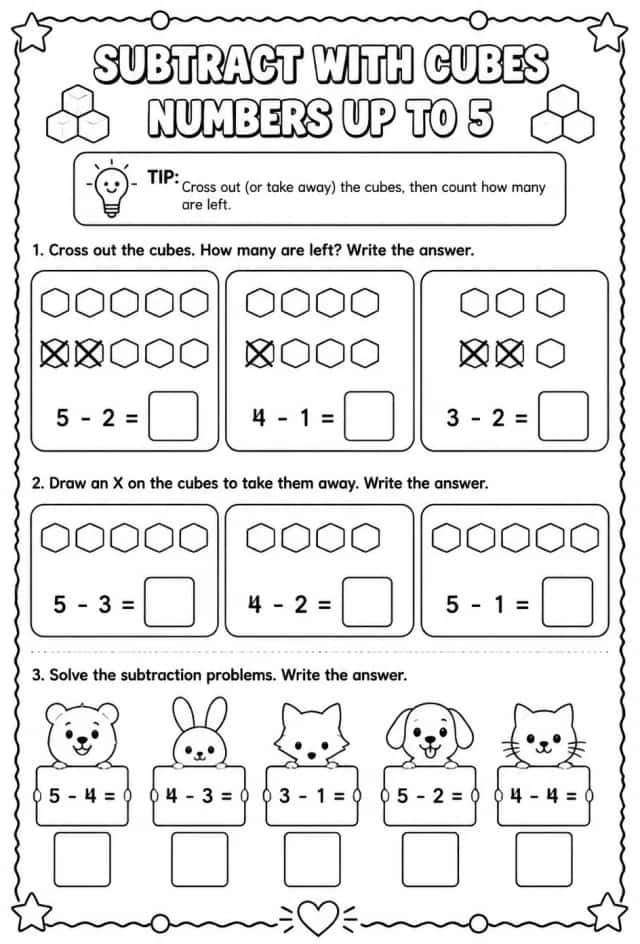 Subtract with cubes - numbers up to 5