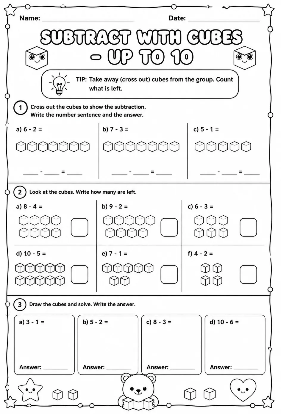 Subtract with cubes - up to 10 — free printable Grade 1 math worksheet