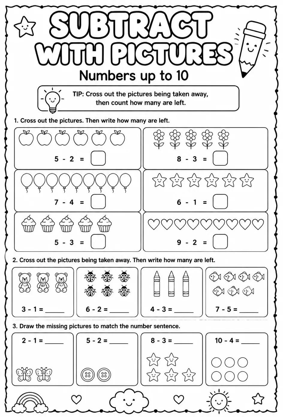 Subtract with pictures - numbers up to 10 — free printable Pre-K math worksheet