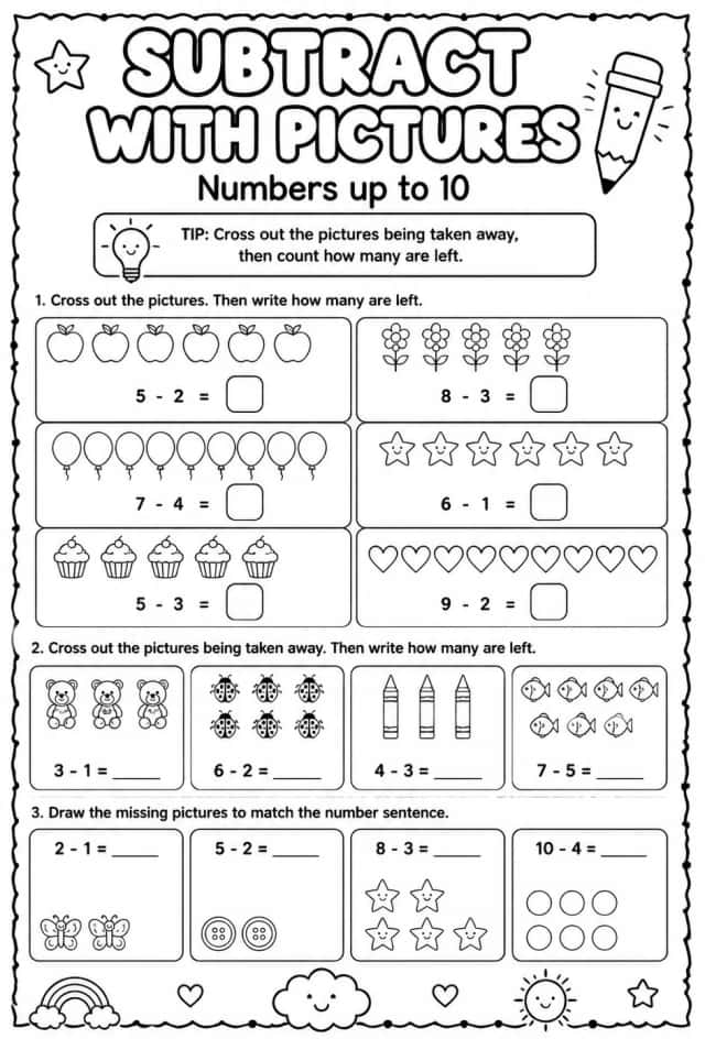 Subtract with pictures - numbers up to 10