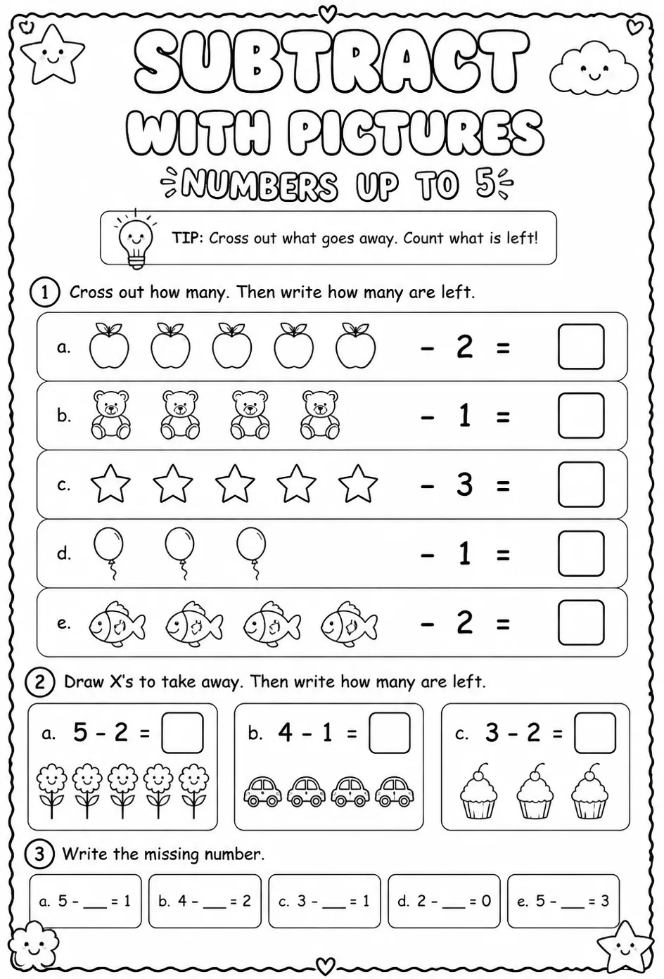 Subtract with pictures - numbers up to 5 — free printable Pre-K math worksheet