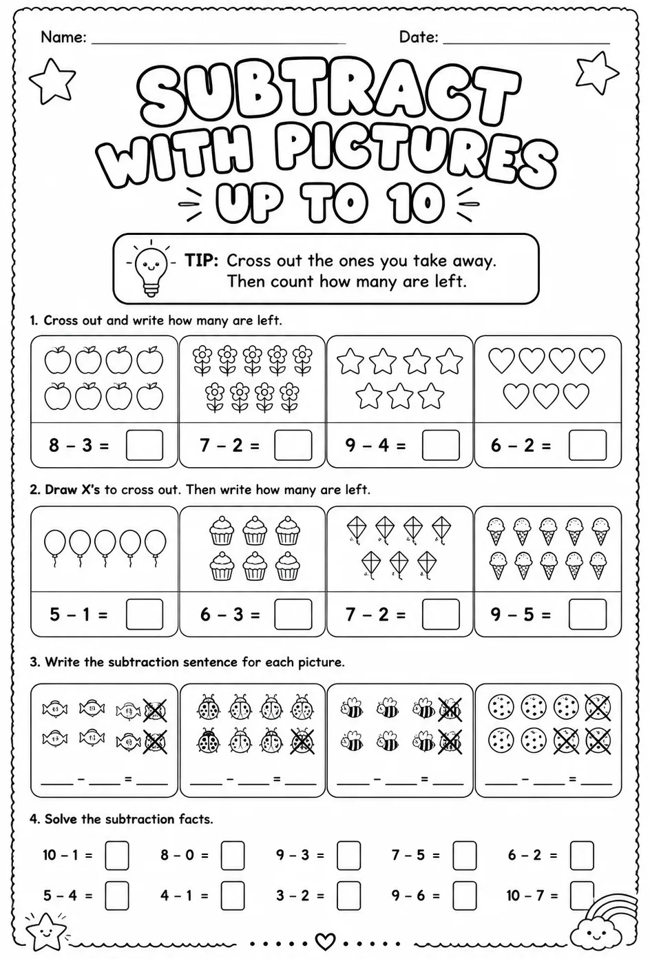 Subtract with pictures - up to 10 — free printable Grade 1 math worksheet