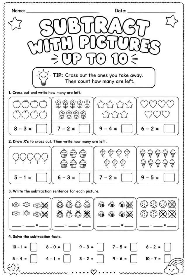 Subtract with pictures - up to 10