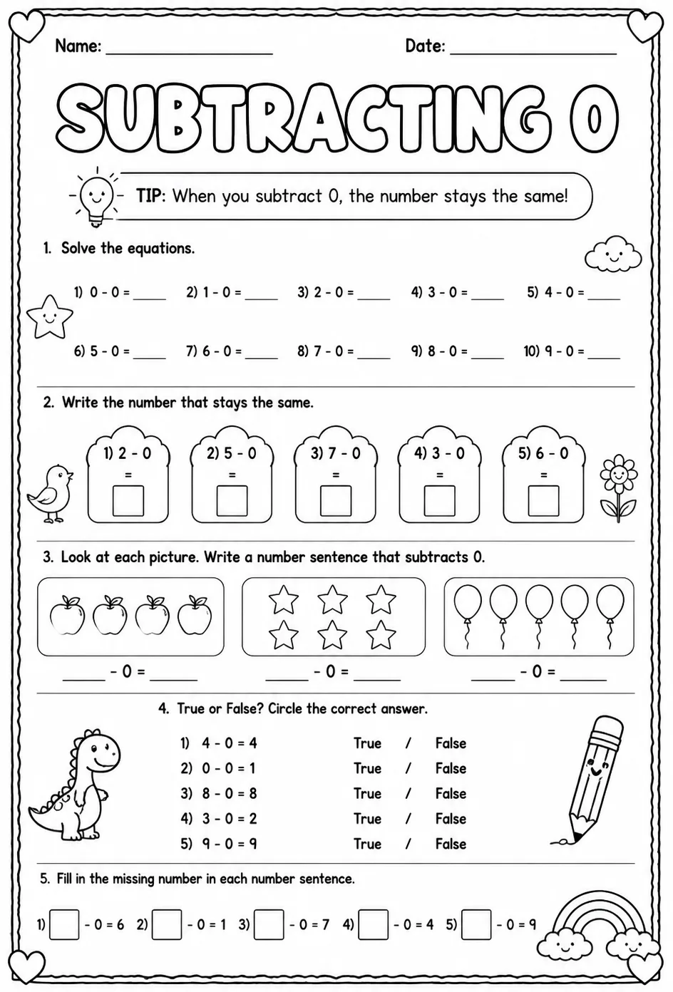 Subtracting 0 — free printable Grade 1 math worksheet