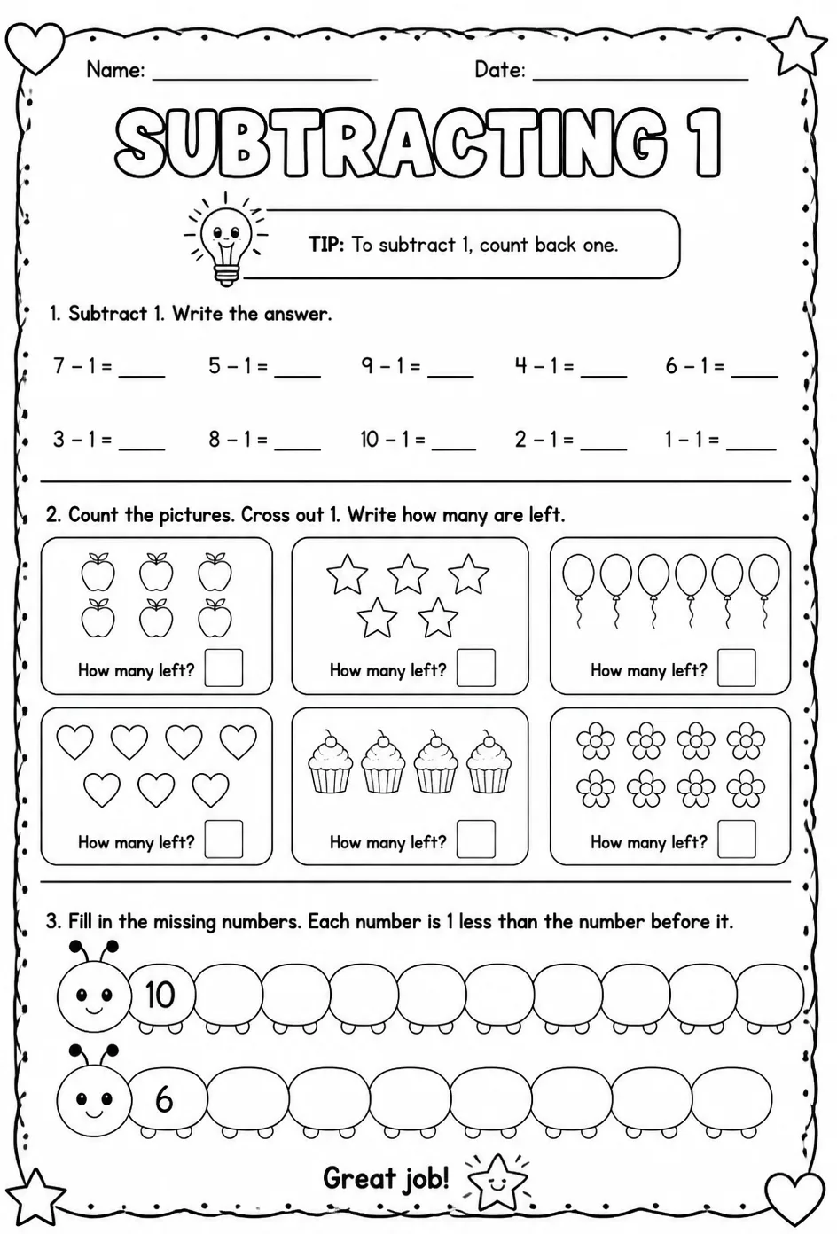 Subtracting 1 — free printable Grade 1 math worksheet