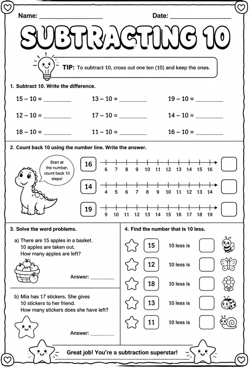 Subtracting 10 — free printable Grade 1 math worksheet