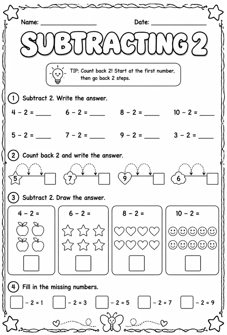 Subtracting 2 — free printable Grade 1 math worksheet