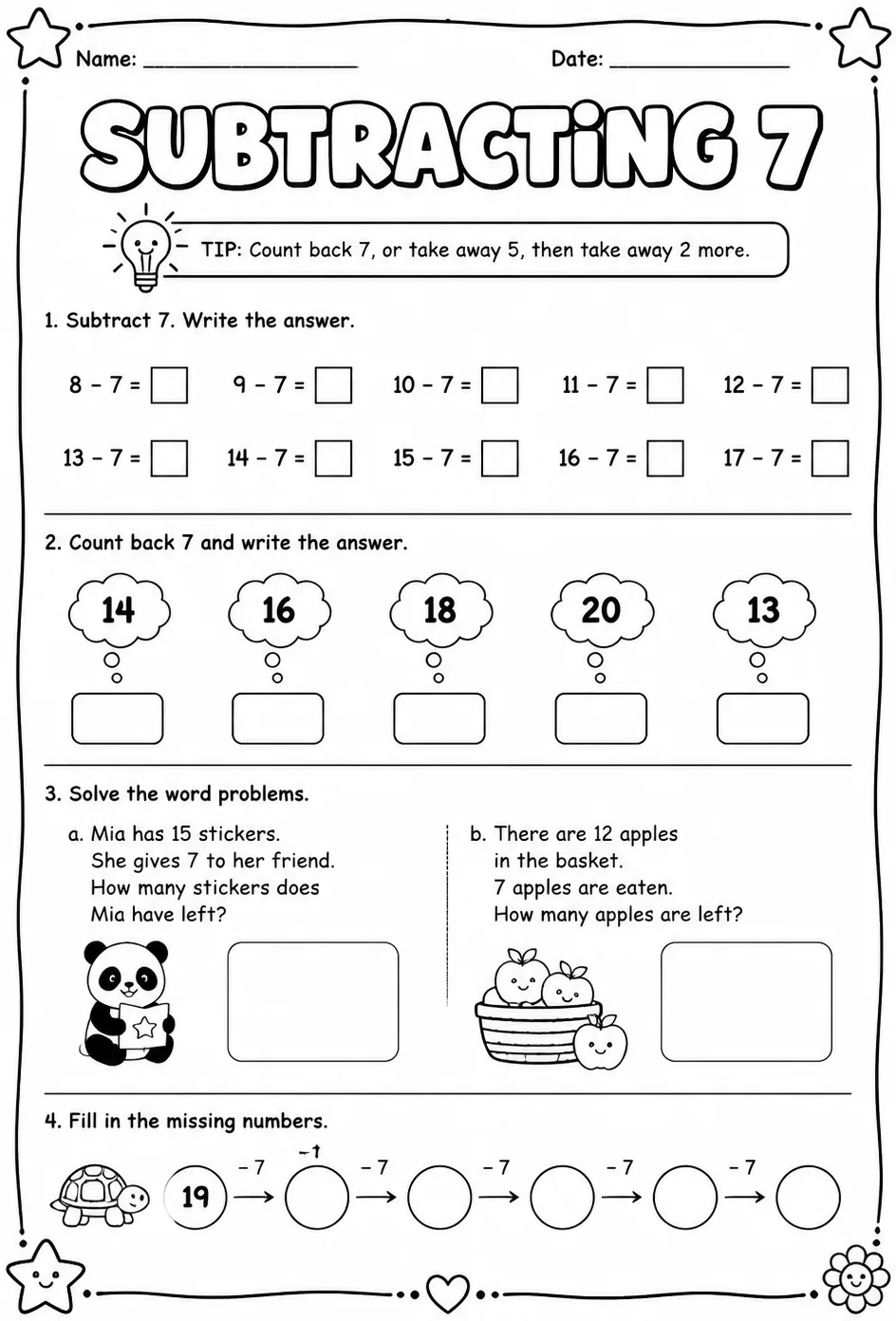 Subtracting 7 — free printable Grade 1 math worksheet
