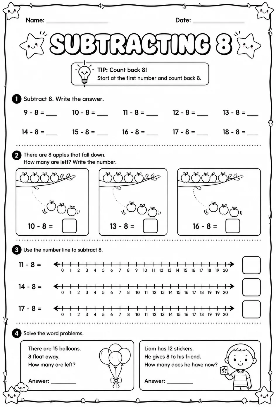 Subtracting 8 — free printable Grade 1 math worksheet