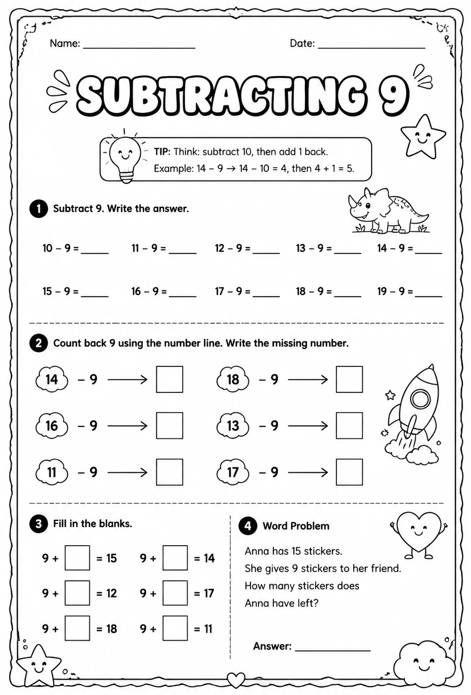 Subtracting 9 — free printable Grade 1 math worksheet