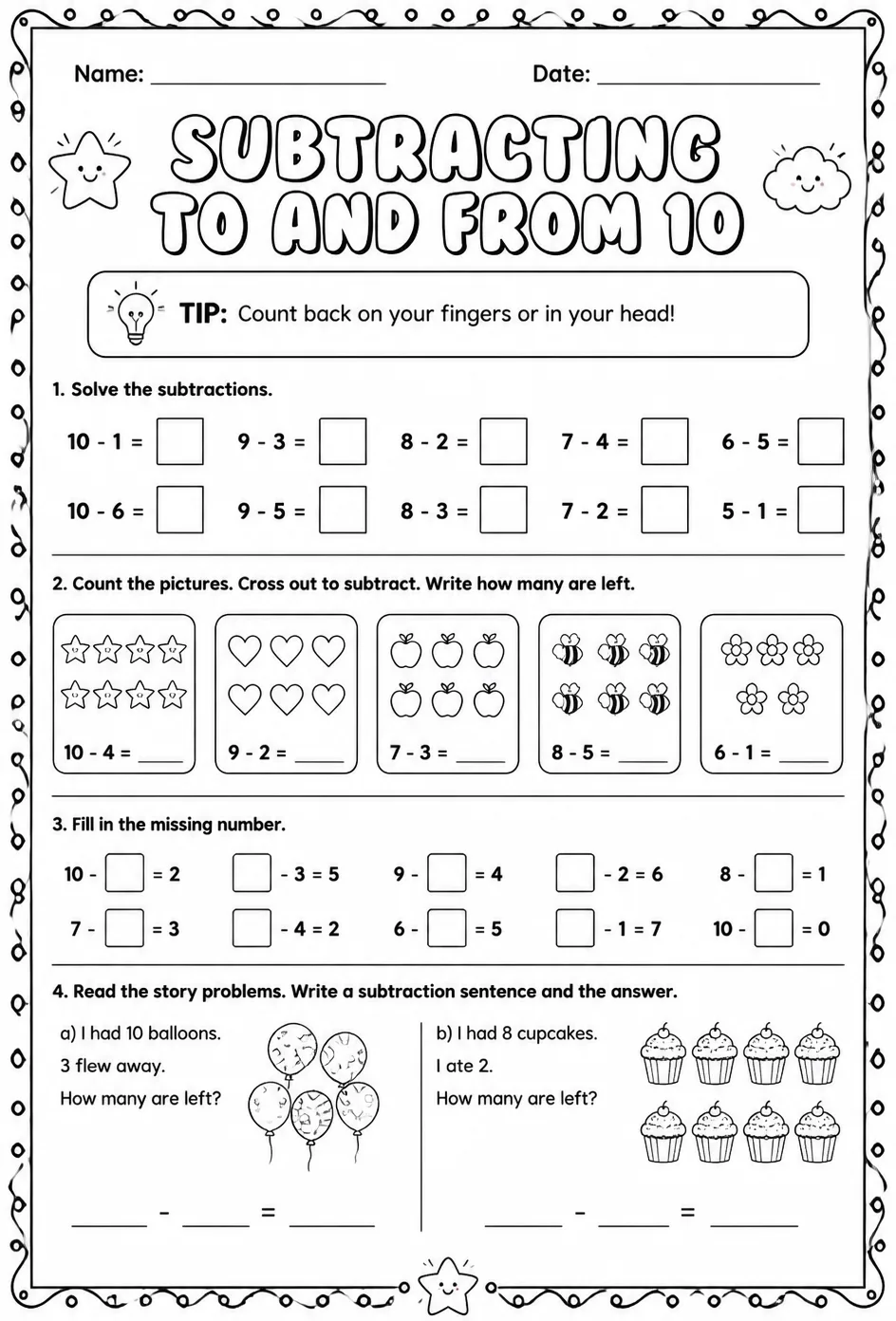 Subtracting to and from 10 — free printable Grade 1 math worksheet