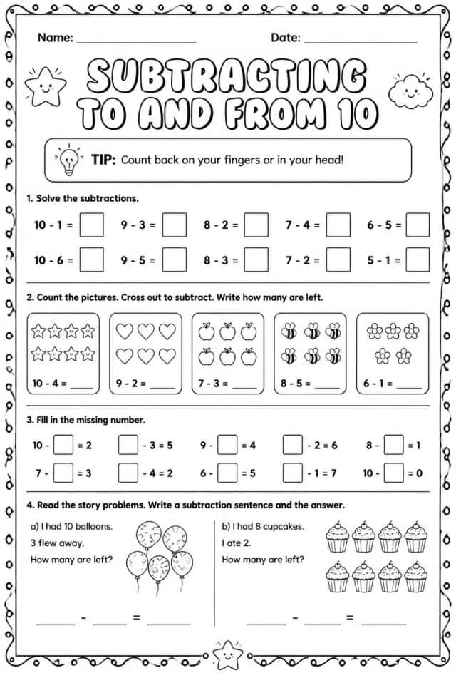 Subtracting to and from 10