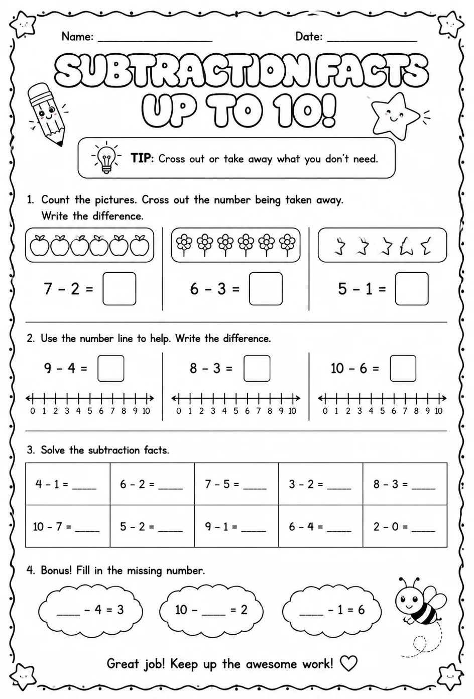 Subtraction facts - up to 10 — free printable Grade 1 math worksheet