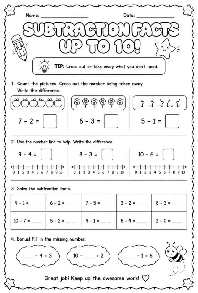 Subtraction facts - up to 10