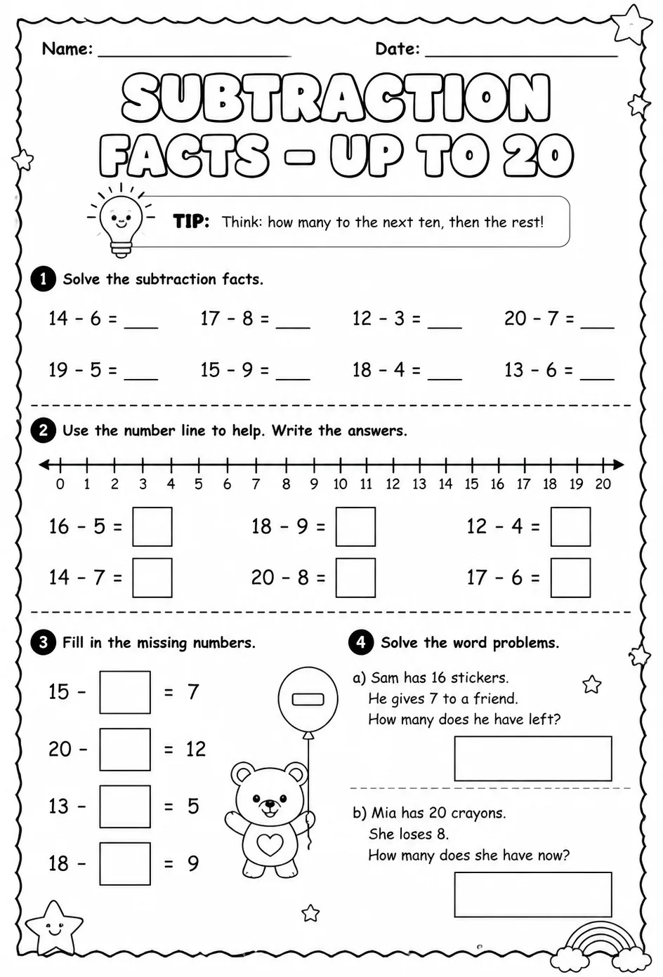 Subtraction facts - up to 20 — free printable Grade 1 math worksheet