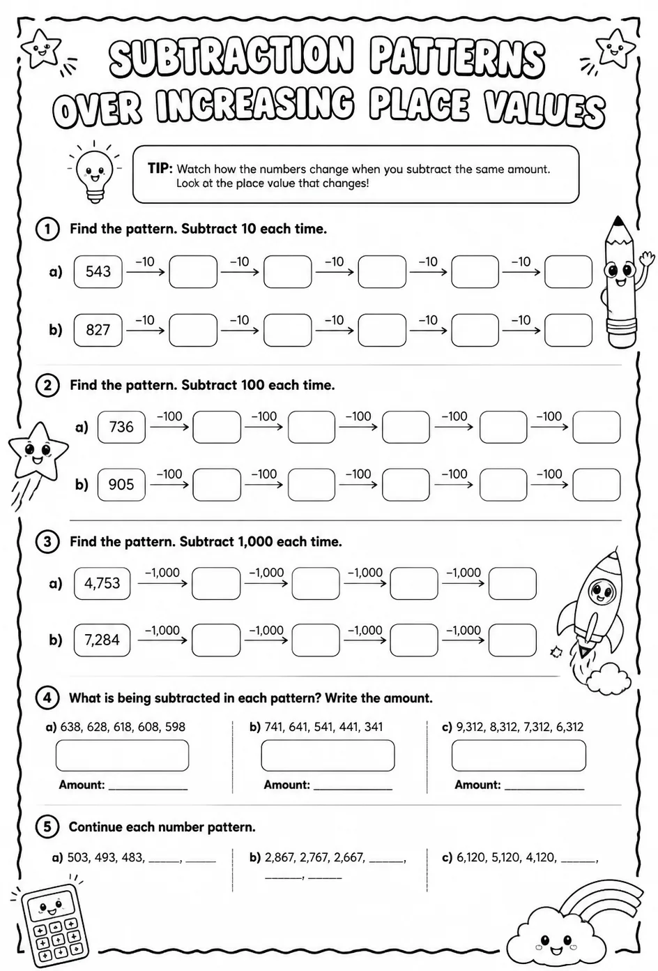 Subtraction patterns over increasing place values — free printable Grade 3 math worksheet